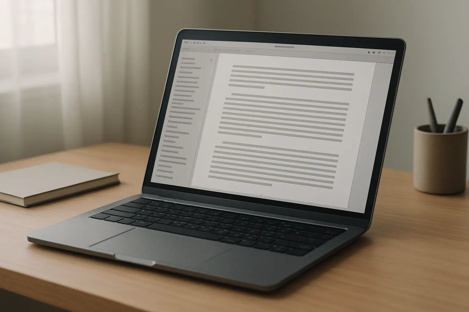 A laptop showing a long thesis document with a navigation pane and page numbering