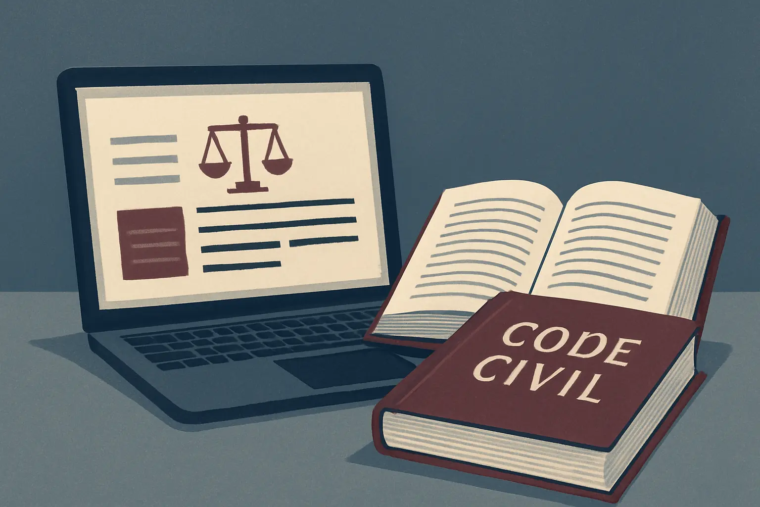 Un ordinateur portable affichant une base de données juridique à côté d'un code civil du Québec ouvert, représentant la recherche de sources pour un mémoire en droit